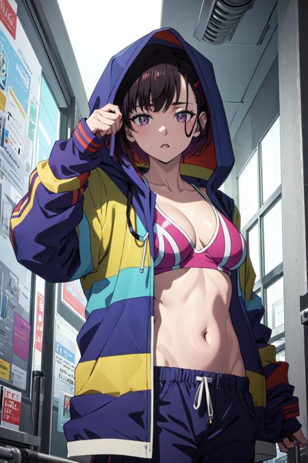 (((masterpiece))), ShizukaMikazuki, 1girl, solo, looking at viewer, short hair, black hair, navel, holding, cleavage, medium breasts, purple eyes, jacket, open clothes, midriff, hood, open jacket, hoodie, bottle, blue jacket, hooded jacket, hood up, sports bra, drinking, water bottle, multicolored jacket, <lora:ShizukaMikazuki-05:0.7>