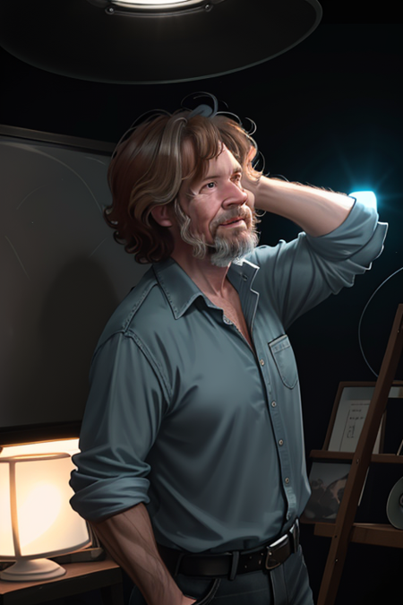 portrait of a award winning photo of a man bobross posing in a dark studio, (rim lighting,:1.4) two tone lighting, sharp focus, teal hue, octane, unreal, dimly lit, low key