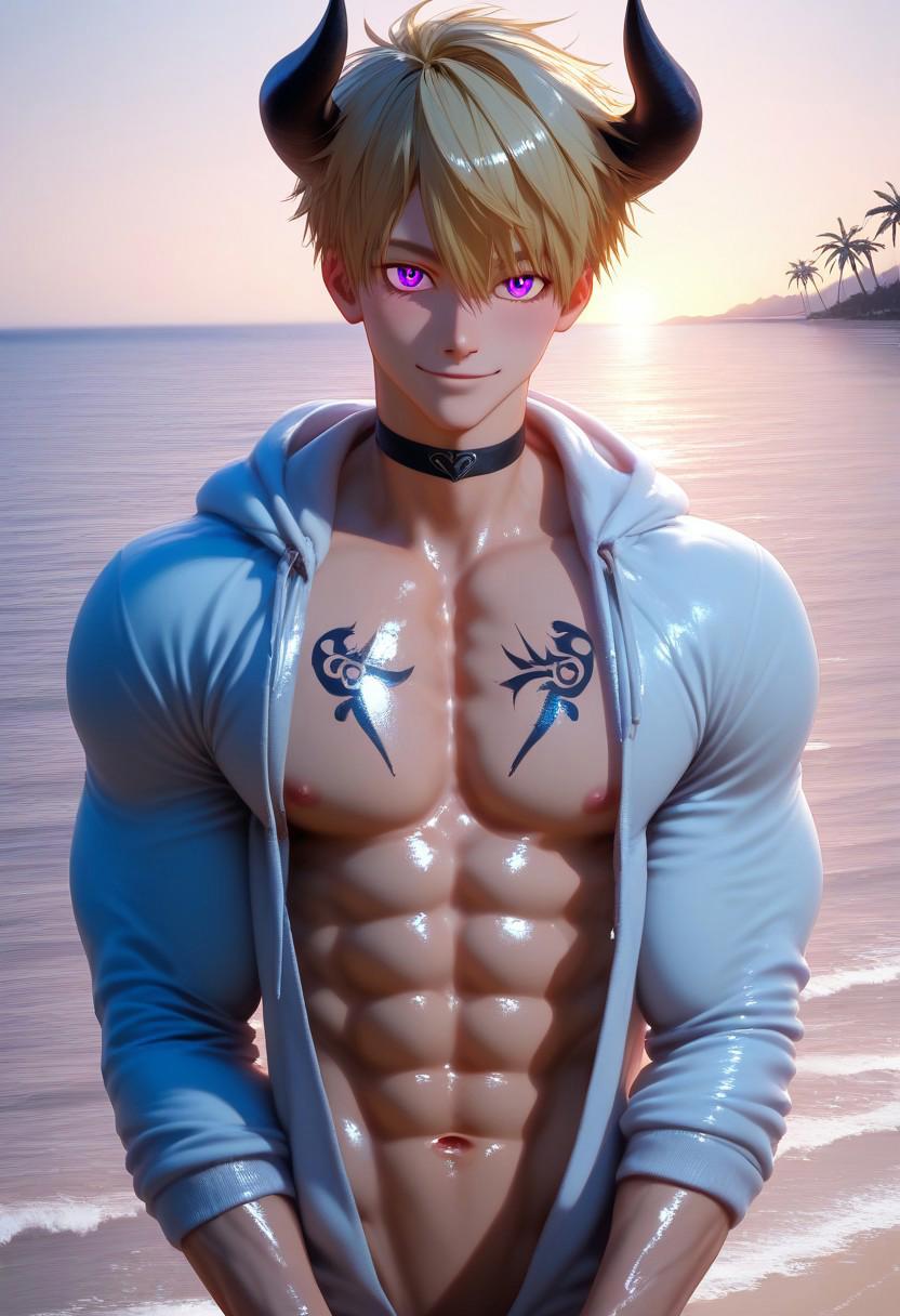 muscular slender boy with blonde hair and purple eyes and neon short horns , male focus,  solo, anime face, handsome, cute face, thin lips, toned body:1.2, hyper detailed skin, beautiful detailed body,ultra-detailed hair, wide shot, cowboy shot, glistening, body blush, perfect anatomy, [bara:yaoi:0.8], 
BREAK  abs, veiny, pink nipples, single navel, open hood, open clothes, hoodie,open hoodie,shirtless, ocean,  recieving massage, groped chest by another, pov hands, palm trees, seductive smile, lots of details, choker, black tattoo on chest, proud expression, sunset, 
BREAK single eyelids, perfect eyes:1.3, perfect hands, hyper detailed eyes, detailed pupils, short hair style, anime hair style, okappa hair,  tsurime:1.2, aroused, 
BREAK score_9, score_8_up, score_7_up, masterpiece, best aesthetic, aesthetic, displeasing, best quality, great quality, perfect flat shading, muscular shadow, 8k, 4k, highres, absurdres, clear picture, clear outline, intricate details, countershading:1.1,ambient occlusion,