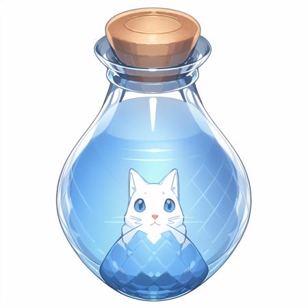 Kitten shaped bottle, game bottle, beautiful pattern, no person, still life, transparent, white background, reasonable structure, game icon, (2d),<lora:Gameiconresearch_bottle3:0.6>