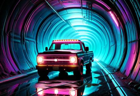 vibrant colors, shiny_skin, prefect lighting, detailed image, snoozing, masterpiece, best quality, highly detailed, ultra quality, 3DMM, 
(tunnel, sewer tunnel, reflection, creepy, dark, dirty), 
(Pickup truck), 
On the road, outdoors, neon lights, glowing, sciencefiction, electricity, night,