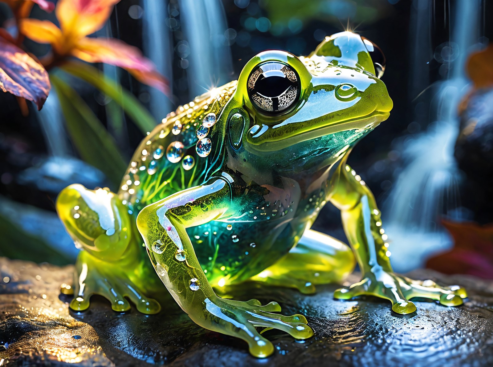 comic ethereal fantasy concept art of macro photo,a beautiful translucent glass frog that glows within,glowing lights,beau...