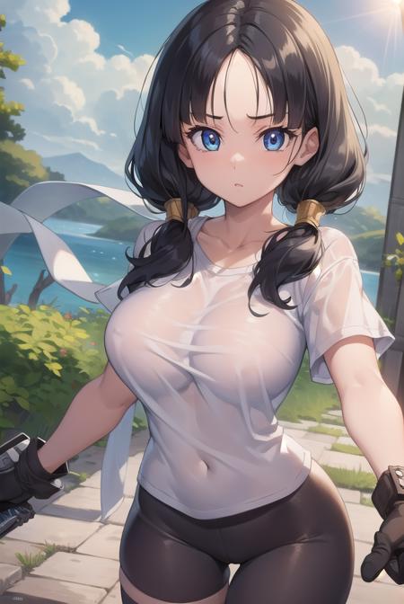 videl, black hair, blue eyes, eyelashes, (parted bangs:1.5), twintails, bike shorts, black gloves, black legwear, collarbone, fingerless gloves, gloves, shirt, short sleeves, white shirt,