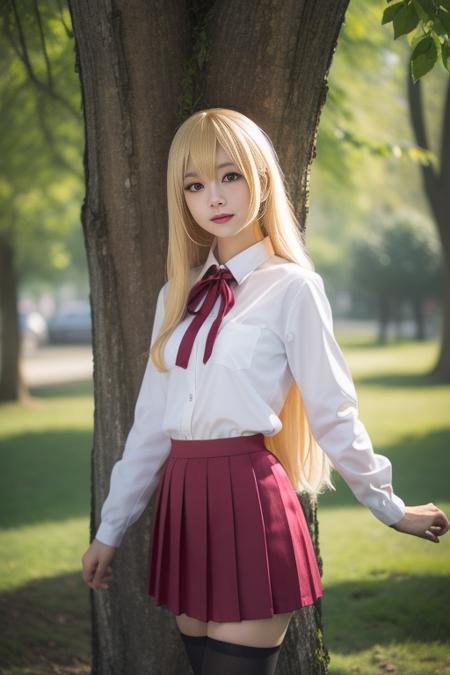 doma umaru, 1girl,cosplay, solo,school uniform,  very long hair, parted bangs,blonde hair, red neck ribbon,white collared shirt,long sleeves, red pleated skirt, black thighhighs, loafers,