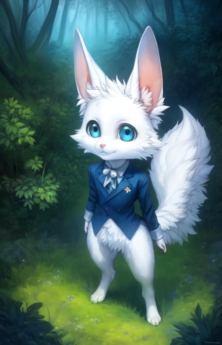 White fur, fluffy tail, blue eyes, blue jacket,