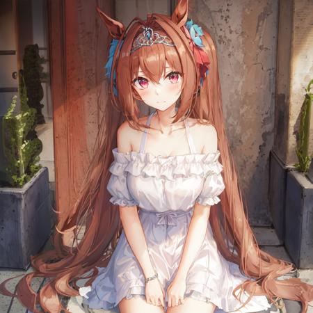 ((masterpiece, best quality)), <lora:Daiwa Scarlet:0.6>,1girl,Daiwa Scarlet,Daiwa Scarlet(Private clothes),horse ears,horse girl,brown hair,long_hair, twintails,red_eyes,slit pupils,tiara, very_long_hair,hair_intakes,white shirt,bare_shoulders,blue skirt,short_sleeves,street, dating, blush, shy,sitting,