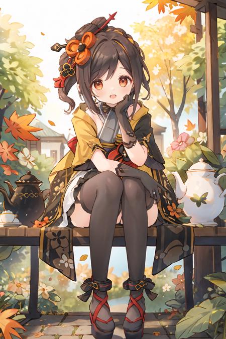 chiori \(genshin impact\) elbow gloves, hair ornament, short kimono, print pantyhose, platform footwear, sash, wide sleeves, ribbon choker