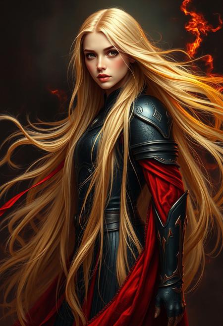 A blonde woman with long hair wearing black and red armor, flowing in the wind like flames of fire, in the style of Alex Alemany. This fantasy art style painting features high detail, high resolution, perfect details, perfect colors, a dark background, cinematic lighting, a beautiful composition, detailed, high definition, sharp focus, intricate details, hyper-realistic, super detailed, very professional, and very smooth
extremely long hair, 100-feet of hair, super long hair, real rapunzel, rapunzel, rapunzel long hair, hair fetish, hair job, Dreamgirl, Goddess, gorgeous, amazing hair, longest hair, perfect hair, longest hair ever, hairstyles, hairstyling, hair, Debra Jo hair, extreme hair, extreme long hair, extremely long hair, Debra Jo, extreme longest hair, voluminous hair, thick and luxurious hair which is hangs to the floor and covers it. Her expression radiates confidence as she shows off her thick, luscious locks. super thick soft luxurious long lush sleek heavy voluminous cascading pendulous ultra silky pendulous shampoo commercial hair dragging the ground, around her on floor, hair piles behind her on floor