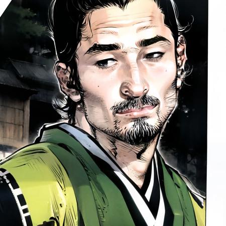 masterpiece, highres, 1boy, face, <lora:vagabond-15:1> vagabond, japanese clothes, short beard