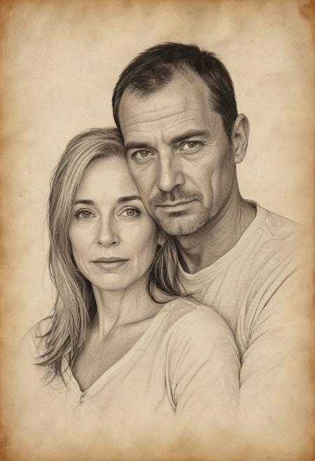 iink illustration on parchment, masterpiece, high resolution, portrait, full length, handsome 45 year old man and beautiful 40 year old woman, focus on eyes, various poses, face to face, hugging, cuddling