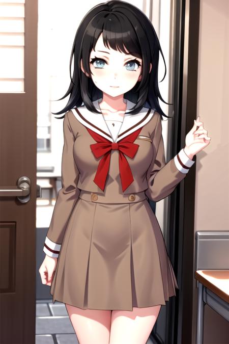 <lora:UmiriYahata-04:0.7>, ,umiriyahata, looking at viewer, school uniform,  hanasakigawa school uniform,serafuku, brown dress