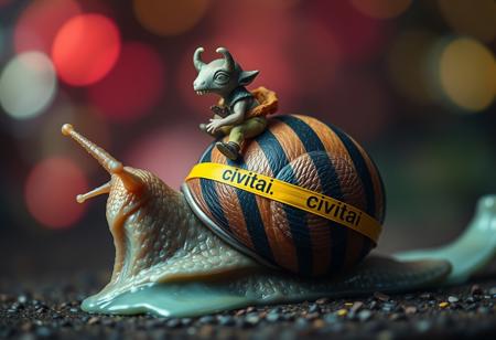 a tiny goblin jockey riding on the back of a giant snail, the snail's shell is striped black and yellow and wrapped with yellow caution tape reading "civitai", slime trail, neon bokeh