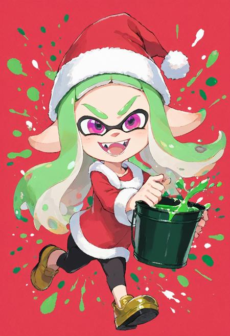 (masterpiece), (highest quality), highres, copic marker illustration of an inkling wearing santa hat running with black rectangular bucket splashing ink, fangs, smiling, green hair, pink eyes, christmas, foreshortening, red and green splatter, battle