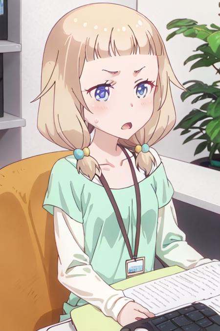 best quality, masterpiece, highres, solo, {sakura_nene_newgame:1.15}, blonde_hair, hair_ornament, hair_bobbles, twintails, blush, blue_eyes, bangs, closed_mouth, low_twintails, 2girls, collarbone, indoors, long_hair, multiple_girls, shirt, solo_focus, white_shirt, blunt_bangs, upper_body, chair, long_sleeves, open_mouth, sitting