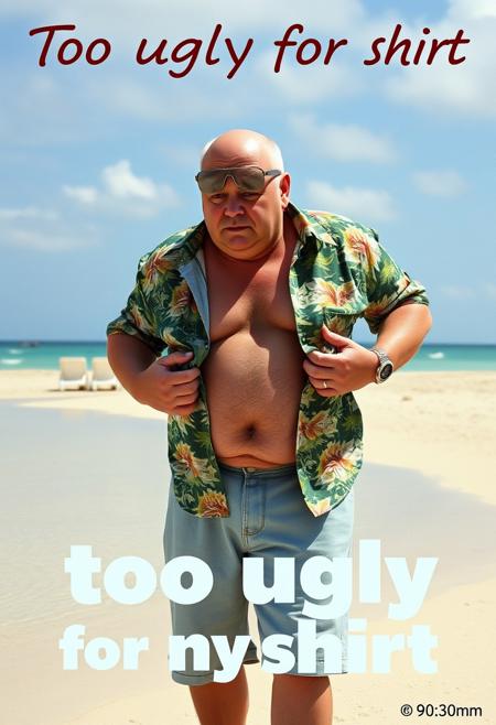 Music album cover parody for an album named "Too ugly for my shirt" as a parody of the album called "too sexy for my shirt". The cover features a balding sleazy overweight grandpa with a bad skin condition standing on a sunny beach. He is undoing his old dirty Hawaiian dress shirt. The album title is written in bold letters. 90s analog photograph, 50mm, F2.8.