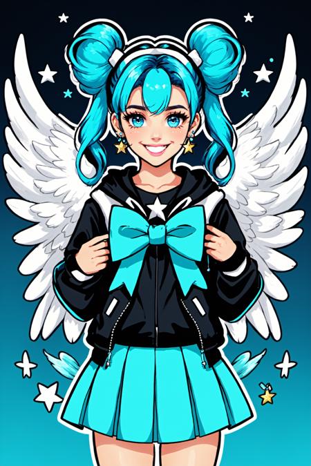 ZipFile Comi Style,  1girl,  solo,  long hair,  looking at viewer,  blush,  smile,  blue eyes,  skirt,  shirt,  hair ornament,  bow,  twintails,  jewelry,  jacket,  upper body,  pleated skirt,  earrings,  parted lips,  open clothes,  wings,  hood,  bowtie,  hair bun,  star (symbol),  sweatdrop,  aqua eyes,  open jacket,  lips,  parted bangs,  sparkle,  double bun,  aqua hair,  hoodie,  blue bow,  hood down,  crescent,  feathered wings,  hooded jacket,  angel wings,  circlet,  white wings,  crescent earrings, <lora:EMS-48067-EMS:0.800000>