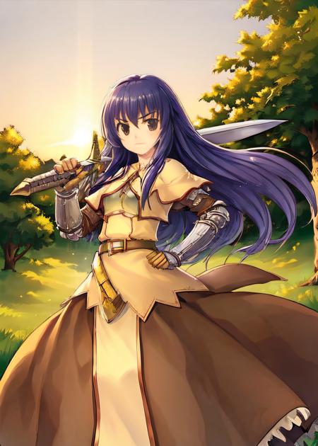 <lora:swordsmanROBetaV1:0.8>,swdro, 1girl, armor, belt, boots, dress,  holding sword, long hair, sword, weapon,
looking at viwer, 
fantasy background,
outdoor, forest, clear sky,  sunrise, (morning, daytime), <lora:Concept_SwordOverShoulder:0.7>, weapon over shoulder, sword, 1girl, standing, armor, hand on hip,