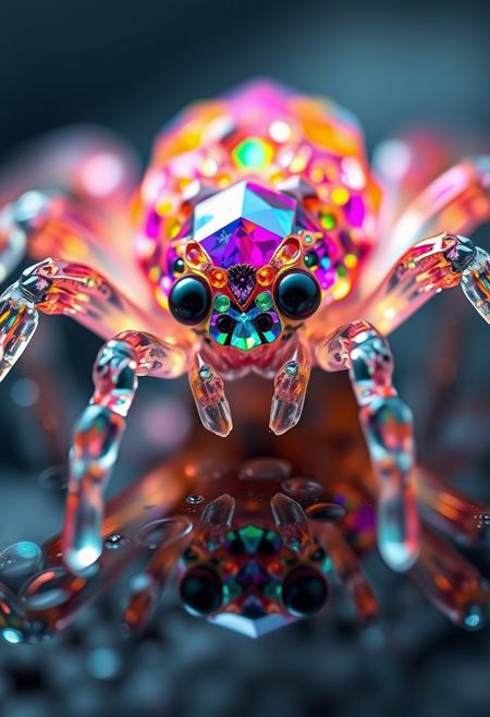 Prismatic cute creature  like a spider body made of glowing colorful gems and crystal,Alien Flora, water hydroforming, terraforming. Alien Flora, Miki Asai Macro photography, close-up, Miki Asai’s visual style is ethereal and dreamlike, capturing the beauty of nature in a delicate and poetic way, hyper detailed, trending on artstation, fantastic Realism and Sharp Focus, studio photo, intricate details, highly detailed, by greg rutkowski detailed face, detailed skin, reflection