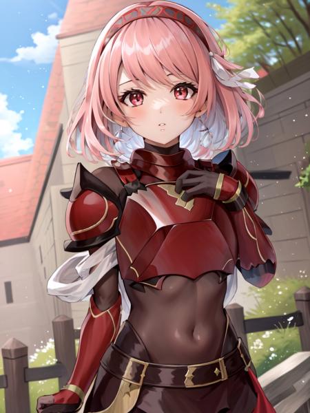 <lora:Lapis_FE-10:1>, lapis fe, 1girl, solo, looking at viewer, blush, bangs, gloves, upper body, braid, hairband, outdoors, parted lips, sky, day, hand up, pink eyes, armor, tree, blue sky, covered navel, blurry background, hand on own chest, shoulder armor, side braid, breastplate, red armor