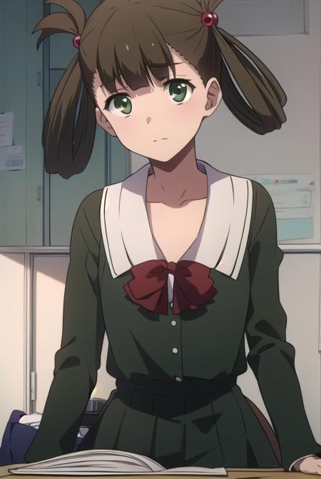 hikarikuroda, <lyco:hikarikuroda-lyco-nochekaiser:1>,
hikari kuroda, bangs, (brown hair:1.5), hair ornament, twintails, (green eyes:1.5), hair bobbles, hair rings,
BREAK school uniform, long sleeves, bow, red bow,
BREAK looking at viewer,
BREAK indoors, classroom,
BREAK <lyco:GoodHands-beta2:1>, (masterpiece:1.2), best quality, high resolution, unity 8k wallpaper, (illustration:0.8), (beautiful detailed eyes:1.6), extremely detailed face, perfect lighting, extremely detailed CG, (perfect hands, perfect anatomy),