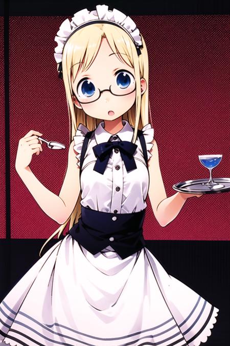 Ichigo Mashimaro, 1girl, solo,blue eyes, blonde hair, long hair,glasses, tray, waitress, maid, heart,looking at viewer, :o,  <lora:Ichigo Mashimaro:0.8>