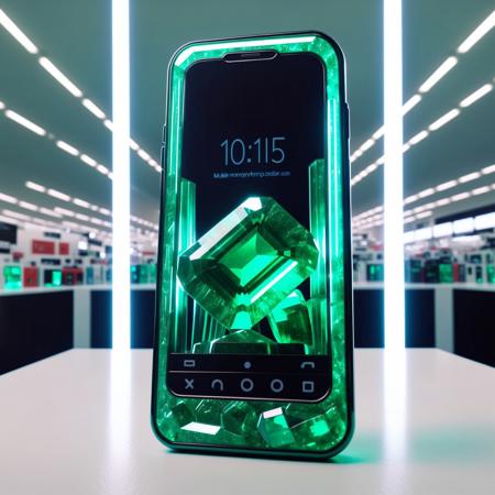 emeraldmorph mobile phone in glass case in electronics shop, white background, cinematic lighting