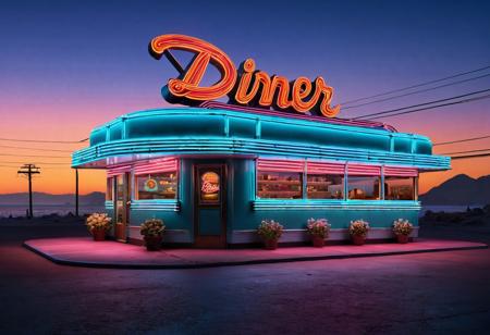 Concept photo, Incredibly Detailed Accurate Portrait Of a Neon sign: "Diner", art deco aluminum diner, dusk, early evening, drawn by Bob Ross, Grand Theft Auto 5 Style, no humans, from the side