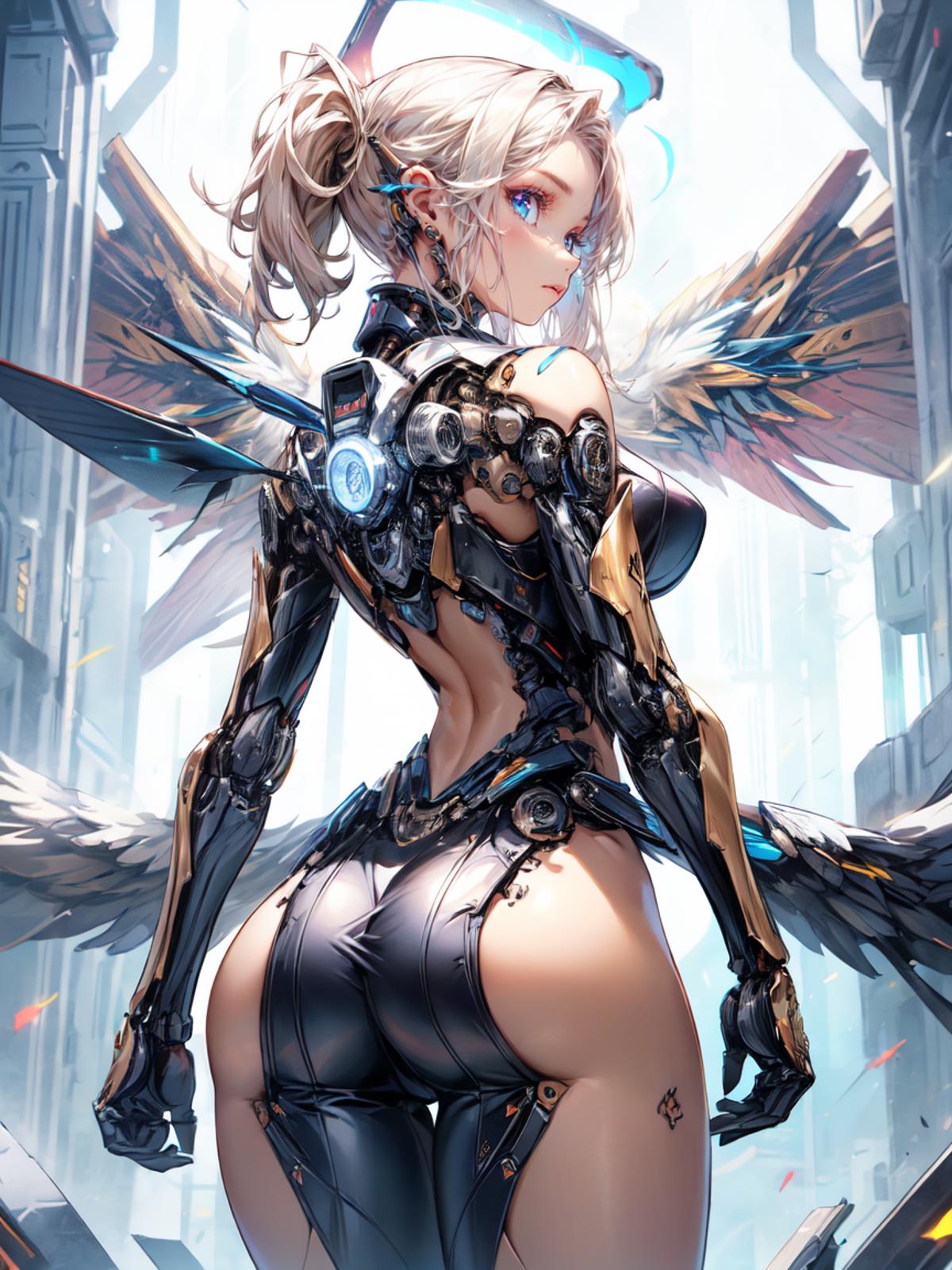 Anime-inspired robotic woman with wings and armor, wearing a skimpy costume.