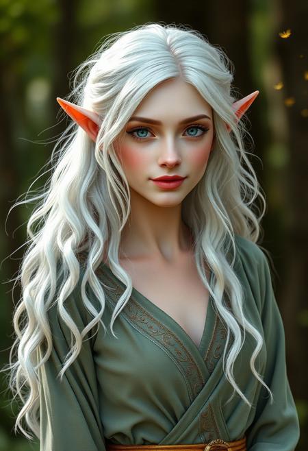 # Primary Prompt
full body, full shot, full view, masterpiece, best quality, photorealistic, Enchanting woodland elf with flowing silver-white wavy hair cascading past shoulders, featuring natural windswept texture and loose strands. Striking crystal blue eyes with defined eyebrows, high cheekbones, and naturally flushed lips. Distinctive pointed elven ears with subtle pink undertones. Wearing a sage green wraparound dress with delicate gold clasps and subtle nature-inspired embroidery. Dress features a graceful v-neckline with intricate golden trim work. Porcelain skin with natural undertones and subtle freckles across nose bridge. Color palette: pure white hair, sage green fabric, warm gold accents, with soft natural lighting. Expression shows quiet confidence with slight mysterious smile. Environment features soft-focused forest background with floating golden pollen particles. Style: Hyperrealistic portrait with emphasis on skin texture and hair detail. Full body composition with natural, elegant pose.
# Key Elements Breakdown:
- Core Theme: Ethereal woodland elf with naturalistic beauty
- Distinctive Features: White wavy hair, blue eyes, elven ears
- Outfit: Elegant sage green dress with gold accents
- Special Elements: Natural skin texture, windswept hair effects
- Lighting: Soft natural lighting with golden undertones
- Style: Photorealistic rendering with emphasis on natural details