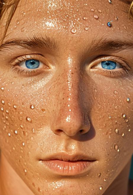 25 yo male model, headshot, skin details, intricate details, skin pores, detailed face, hyperdetailed photography, looking at viewer, sunburnt skin, wrinkles, big blue eyes, refraction, reflection in the eyes, blushing, sweaty, sweat beads, broken nose, scars