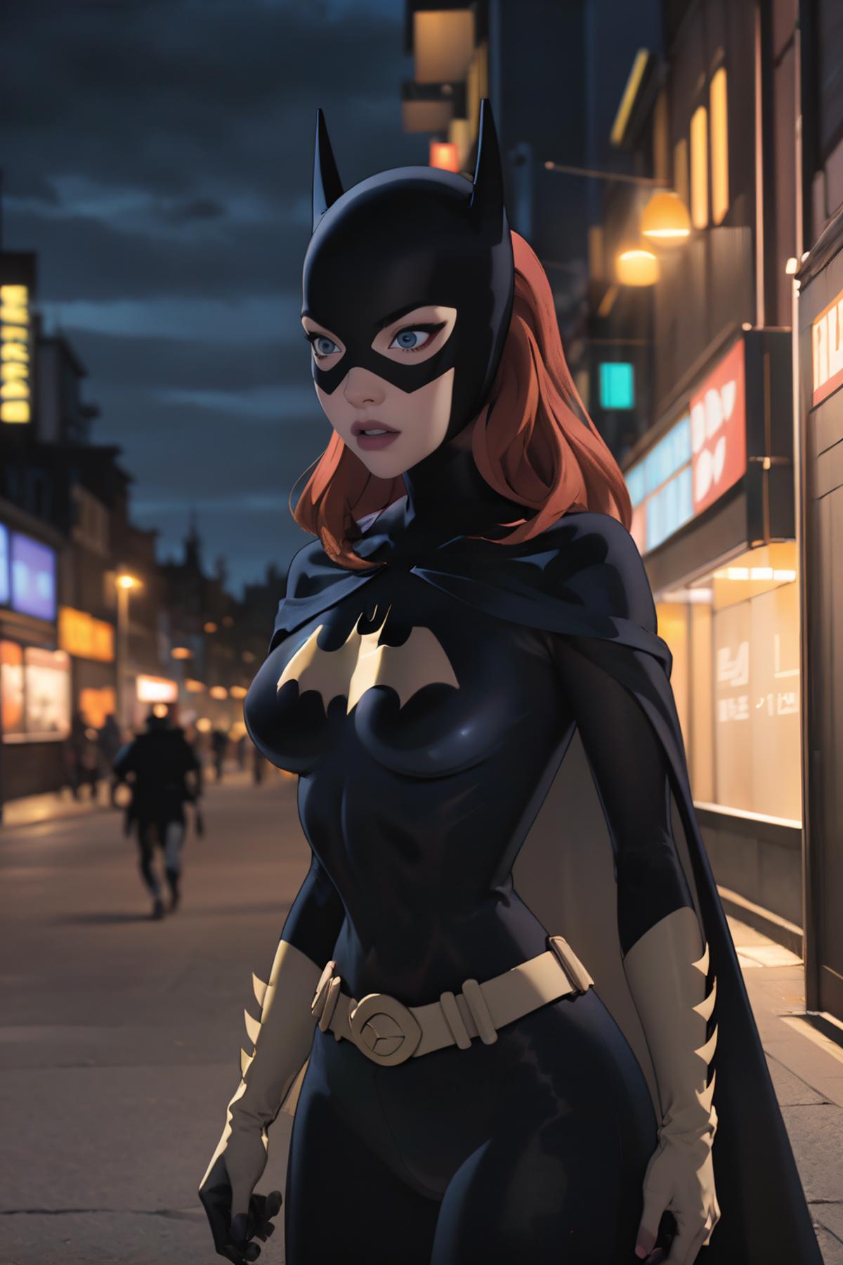 A cartoon illustration of a woman in a Batman costume.