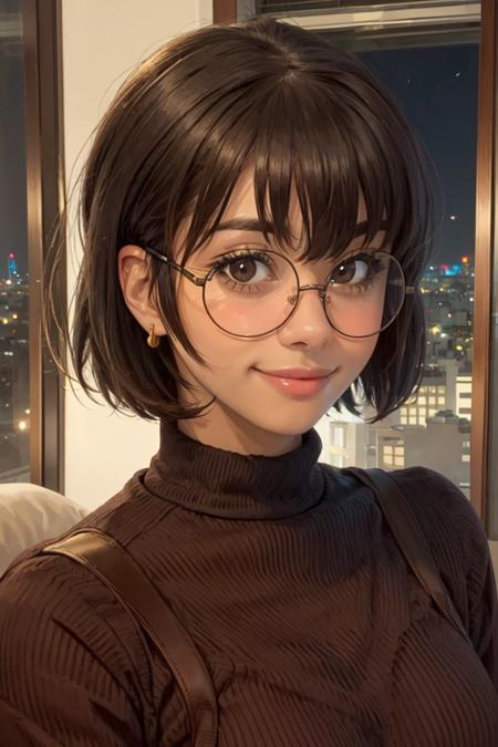 smiling at viewer, (portrait, close up,:1.2)
lexupdog, 1girl, lips, short black hair, blunt end bangs, brown eyes, red ribbed sweater dress, gold jewelry, glasses,
realistic, picturesque, indoors, night time, city skyline, japan,
 <lora:lexupdog_v3-04:0.8>