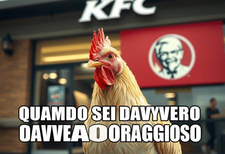“A realistic, detailed chicken standing confidently in front of a KFC restaurant. The chicken has bright feathers, a sharp gaze, and a proud stance as if aware of its surroundings. The KFC logo is visible in the background, slightly blurred for depth. The scene is captured in a cinematic style with balanced lighting, slightly warm tones, and a shallow depth of field. Overlay bold white text with a black outline in meme style at the top: ‘QUANDO SEI DAVVERO CORAGGIOSO’.”