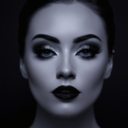 cinematic film still of  <lora:Butterfly Lighting style:1>
Butterfly lighting photography of a woman with black makeup and black eyelashes,1girl,solo,looking at viewer,simple background,monochrome,greyscale,parted lips,teeth,grey background,black background,portrait , nose shadow, realistic, realism, photorealism, hyperrealism, hyperrealistic, realistic, sharp, detailed, cinematography style, film light style, movie still,  professional photography, artistic, perfection, contrast, cinematic, filmic, high quality photo,  8k quality, colorful, nose covered in shadow, photography style, butterfly lighting style, shallow depth of field, vignette, highly detailed, high budget, bokeh, cinemascope, moody, epic, gorgeous, film grain, grainy