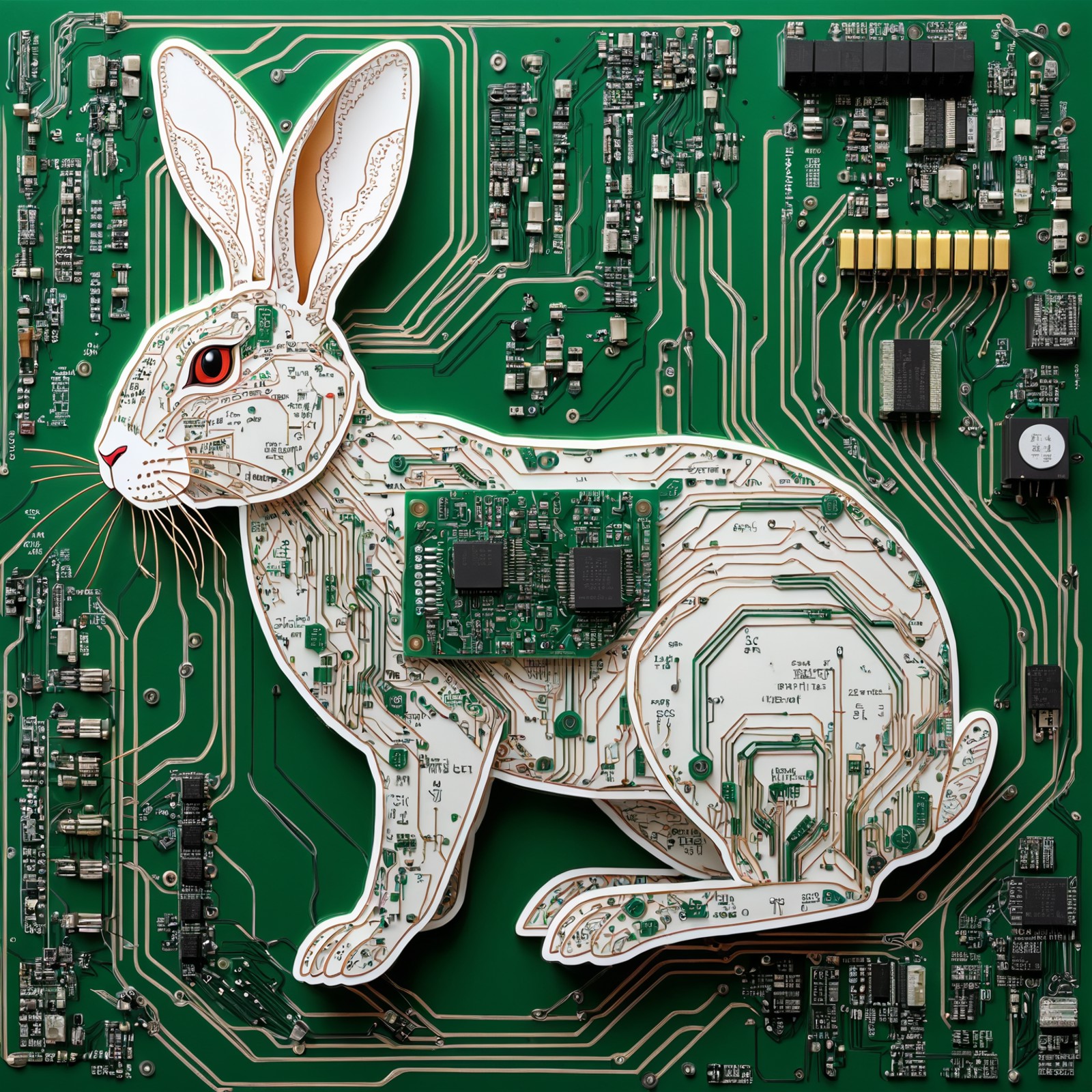 circuit diagram art,Rabbit drawn with a circuit diagram,circuit board, resistor, chip, LSI, 
(masterpiece:1.2), (best qual...