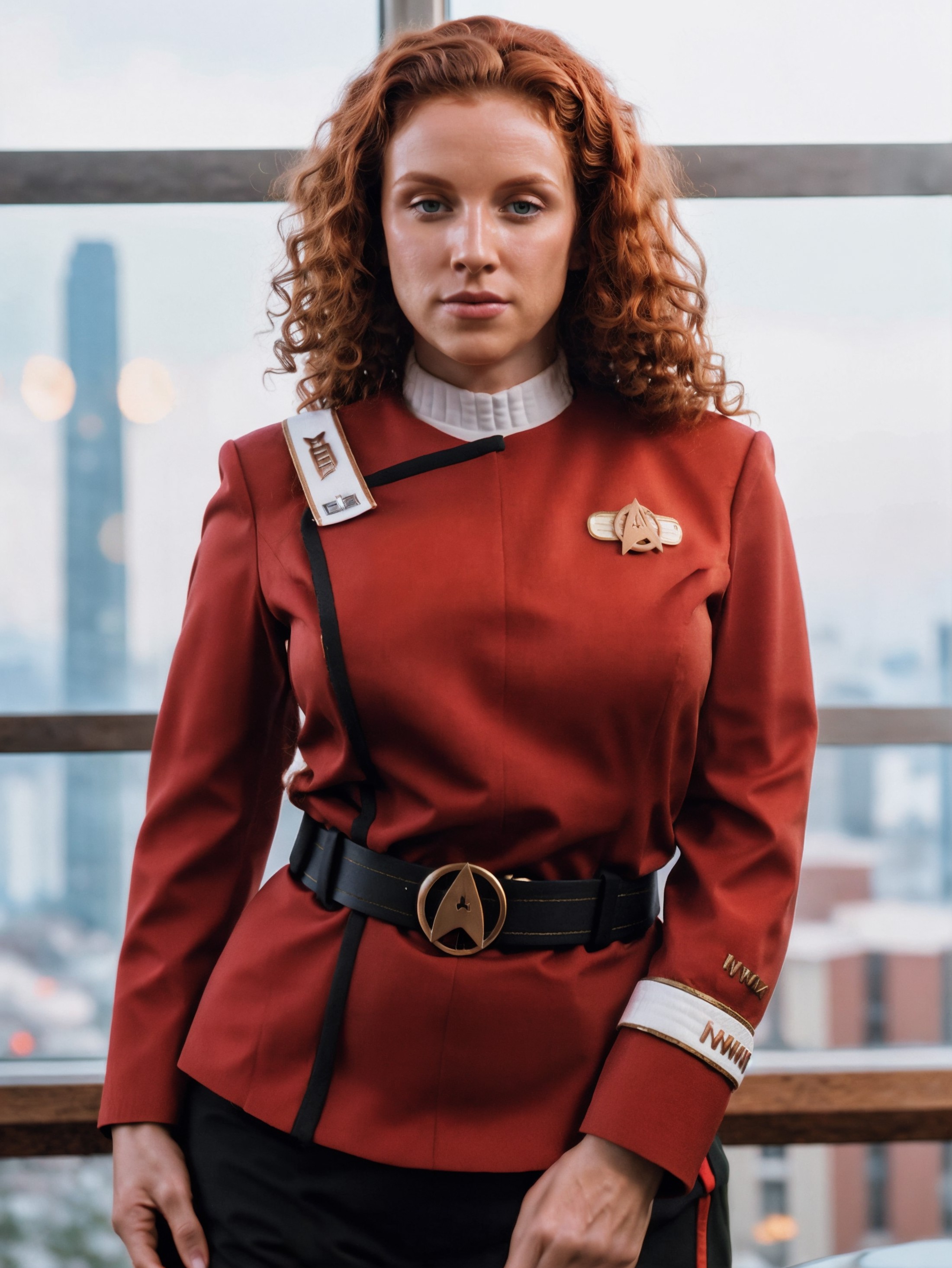 ginger older stunning woman with curly hair in twokunf red uniform,professional photograph of a stunning woman detailed, s...