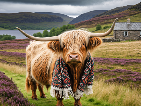 ((adrr-zrb)) masterpiece, best quality, closeup, animal face focus, one long haired (highland cow), covered in a blanket and scarf, ((adrr-zrb)), patterns, intricate weavings, rich colors, in front of a dynamic detailed landscape, one small old stone cottage, Scottish Highlands, green grass, fields full of heather, storm clouds, ultra-detailed <lora:Zarabi:1>