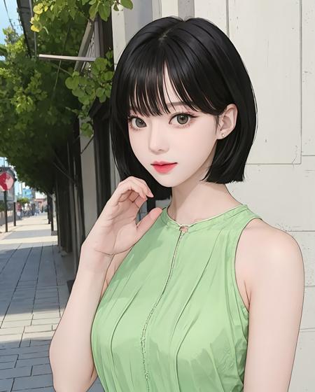 a woman posing on the street corner with light green dress on, best quality, 1girl, large breasts, day, bright, blur background, bokeh, outdoor, (lace-trimmed dress:1.5, sleeveless dress, light green clothes:1.5, light green high-neck dress:1.5, orange dress: 1.5), gorgeous, beautiful detailed sky, (dynamic pose:0.8), (upper body:0.8), soft lighting, wind, shiny skin, pureerosface_v1, <lora:IDOL-Winter:0.75>