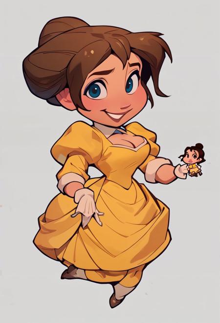 score_9, score_8_up, score_7_up, <lora:bspiper:1>bspiper , 1 girl, JanePorterXLP,puffy sleeves, yellow dress, white gloves, hair bun, plump, cleavage, bright smile, looking at viewer, (chibi:1.2), (shortstack:1.2), (big head:1.2)