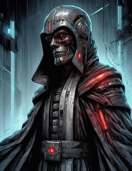 cyborg sith robe moody aesthetic by maciej kuciara black and color pencil and ink annotated illustration