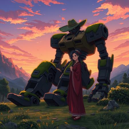 A giant robot cowboy sits in a valley, moss-covered robot. The robot wears a cowboy hat. A beautiful woman in traditional priestess robes stands in the foreground, thoughtful. mountains in background. sunset sky. In the style of anime.