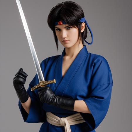 cinematic film still of  <lora:Ninja Scroll style xl v1:0.1>
 <lora:Kagero xl v1:1>
Kagero In 1990's Japanese anime film style a cartoon of a woman in a blue outfit holding a sword, perfect image, perfect body, perfect anatomy, sharp image, detailed image, cinematic style, high quality color style, Ninja Scroll style, cartoon style, Kagero style, female supporter style, solo, looking at viewer, short hair, simple background, black hair, white background, holding, standing, full body, weapon, japanese clothes, sword, kimono, holding weapon, sash, headband, holding sword, sandals, ninja, short kimono, gloves, fingerless gloves, retro artstyle, zouri, reverse grip, short sword, knife, blue kimono, tabi, shallow depth of field, vignette, highly detailed, high budget, bokeh, cinemascope, moody, epic, gorgeous, film grain, grainy