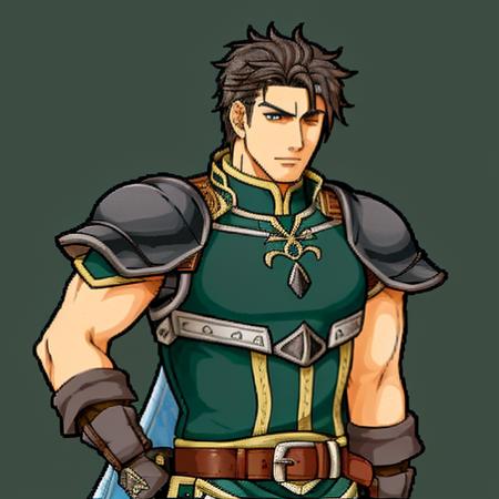 Wyvern Knight, 1boy, solo, simple background, green background, male focus, brown hair, armor, eyepatch, belt, upper body, Haar (Fire Emblem), Haar (Fire Emblem: Path of Radiance), Haar (Fire Emblem: Radiant Dawn), Halfbody, Tellius-Style, FE9-Style, Vanilla Fire Emblem, No Frames, <lora:FE9 v5 Thick-step00004000:0.8>