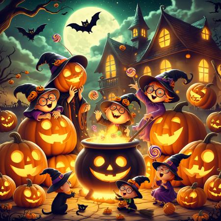 A whimsical Halloween night scene with glowing pumpkins, each carved with funny and exaggerated expressions. A group of cheerful witches in mismatched outfits are dancing around a cauldron, with one witch wearing oversized glasses and another juggling candy. Bats are flying around in the sky, and a black cat is trying to balance on a broomstick. The pumpkins cast a warm, magical glow over the scene, with a spooky but comical haunted house in the background, complete with quirky ghosts waving from the windows. RAW photo, centered, highly detailed, (high detailed skin:1.2), vibrant colors, intricate, ultra hd, sharp focus  <lora:Pony_QualityV4.0:1> <lora:StS_detail_slider_v1:2>