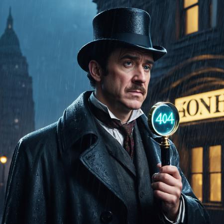 Sherlock Holmes is sad, holding a magnifying glass, rain in the background, "404" as neon light on the building