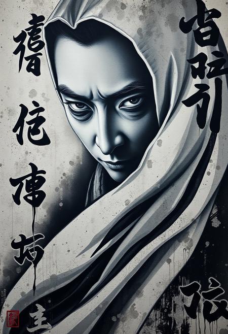 A haunting self-portrait of a kabuki performer, their intense gaze frozen in time, surrounded by poetic calligraphy dissolving into the shadows
hyperrealistic graffiti, modernist minimalism, contemplative figures, urban surrealism, bold composition, muted color palette with graphic accents, stylized realism, narrative symbolism, soft textures contrasted with street art edge, emotional stillness, layered spatial design, fine lines with architectural structure
