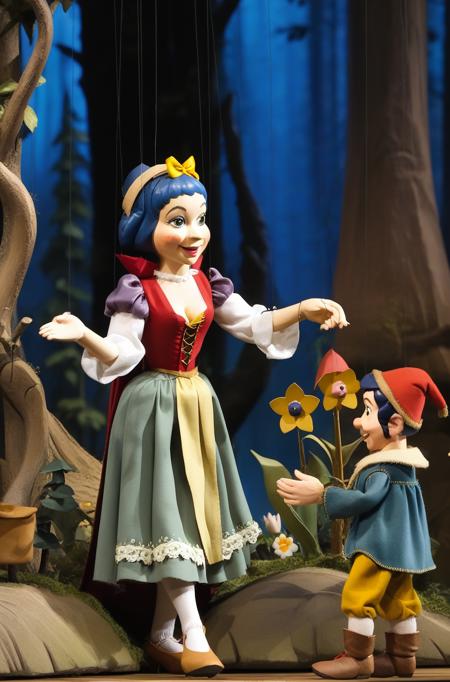 snow white and the seven dwarfs, flowers, forest, marionette, <lora:marionette_lora_sdxl:0.85>