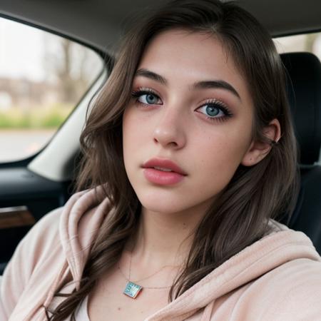 RAW photo, a 18-year-old-gril, full body, blue hoodie, (raecmbr-2650:0.9), (r4ec4mbr4:0.95), (1girl), (realistic), (photo-realistic:1.5), inside a car, driving, lipstick, multicolor hair, necklace, (RAW photo, 8k uhd, film grain), Sharp Eyeliner, Blush Eyeshadow With Thick Eyelashes, extremely delicate and beautiful, 8k, soft lighting, high quality, highres, sharp focus, extremely detailed, during the day, (sunlight on face), beautiful detailed eyes, extremely detailed eyes and face, masterpiece, cinematic lighting, (high detailed skin:1.2), 8k uhd, dslr, soft lighting, high quality, film grain, Fujifilm XT3