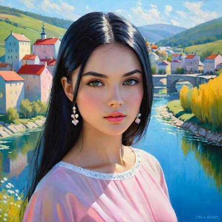 Style by Anna Lakisova. In a mesmerizing artistic spectacle, a portrait of a girl with black hair, dressed in modern attire, emerges. The delicate landscape of pastel colors stretches as far as the eye can see, where a picturesque fairytale village hides among hills and flowing rivers. Enveloped in soft, gentle light, this oil painting has captured the essence of Romanticism and Impressionism, as vibrant colors and delicate brushstrokes merge to create a truly moving visual masterpiece. Winding cobblestone streets lead to charming cottages adorned with whimsical details, while trees sway gracefully in the gentle breeze. With a touch of surrealist flair, the scene is enchantingly filled with an ethereal atmosphere that transports us beyond imagination. This captivating work of art, with its intricately composed composition and vintage toning, evokes a sense of nostalgia, inviting viewers to step into the melancholic world of fairytale realism. Romanticism Impressionism Surrealism Fairy-tale realism Oil paintingWatercolor Pastel Computer graphics Artistic photography Soft light Vintage toning Atmospheric effects Fairy-tale composition, complementary colors tetradic colors 8K resolution