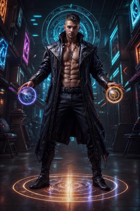 realistic, ((masterpiece)), ((best quality)), (detailed), cinematic, dynamic lighting, soft shadow, detailed background, professional photography, depth of field, intricate, detailed face, subsurface scattering, realistic hair, realistic eyes, muscular, manly, pectorals, abs, photo of a handsome man, cyberwizard, magic circle, casting spell, cyberpunk, science fiction, magic, full body, dynamic pose, fighting stance, magic circle in background,